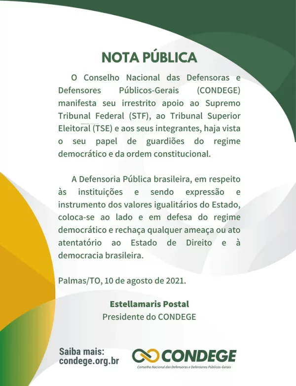 Condege publica nota de apoio ao STF e ao TSE